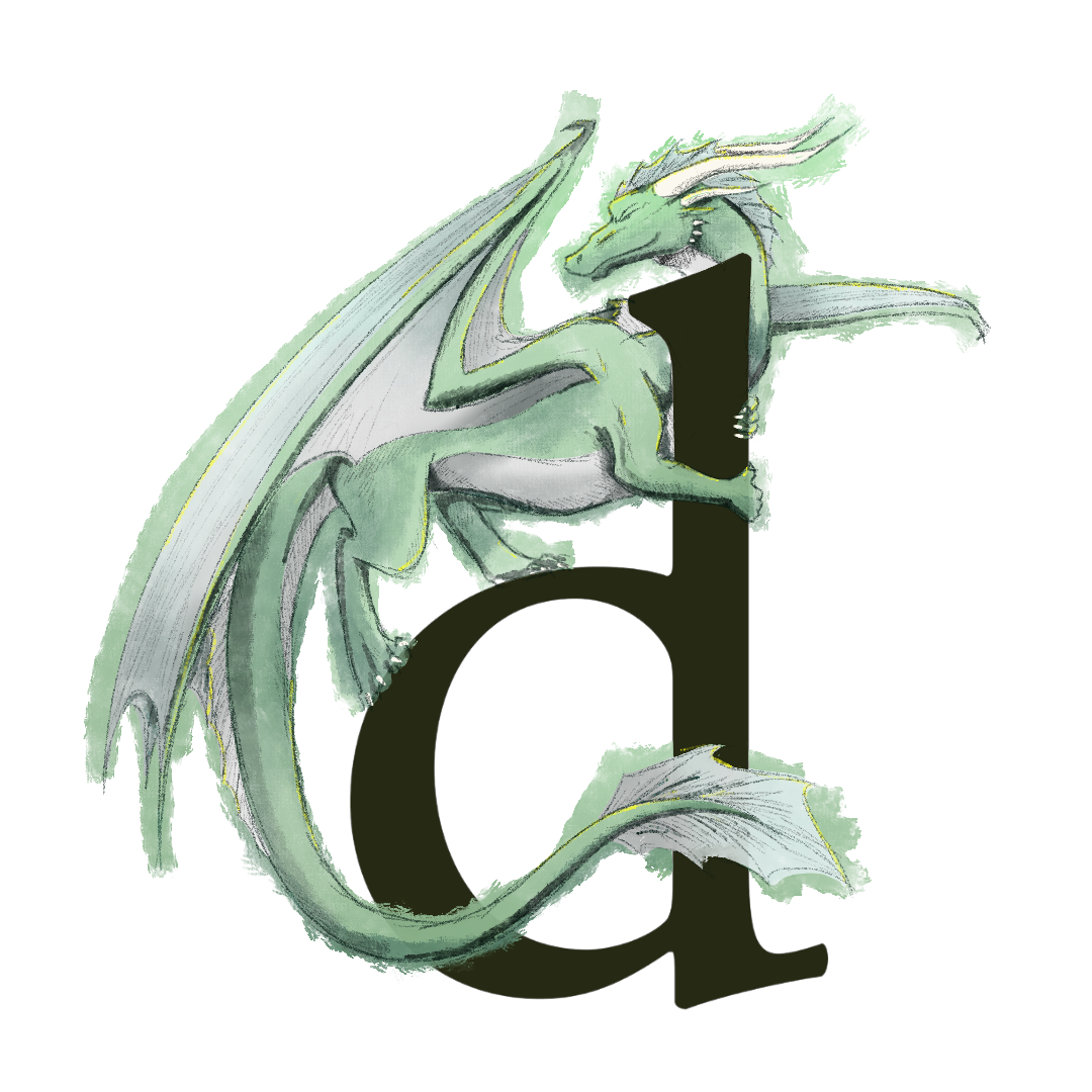 Drawing of a green dragon wrapped around a black lowercase letter D in the Garamond typeface.