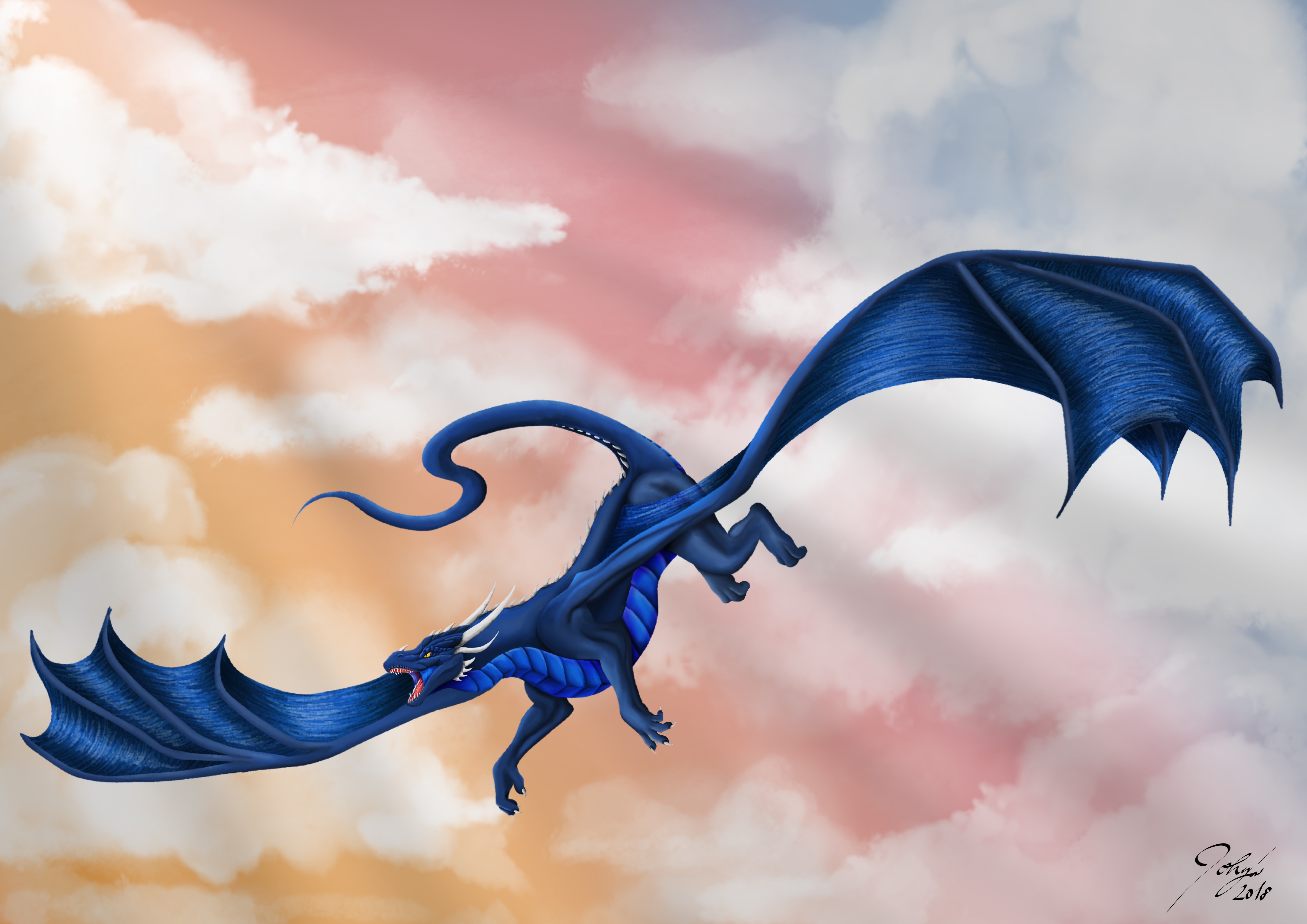 Drawing of a dark blue dragon soaring through the sky during sunrise