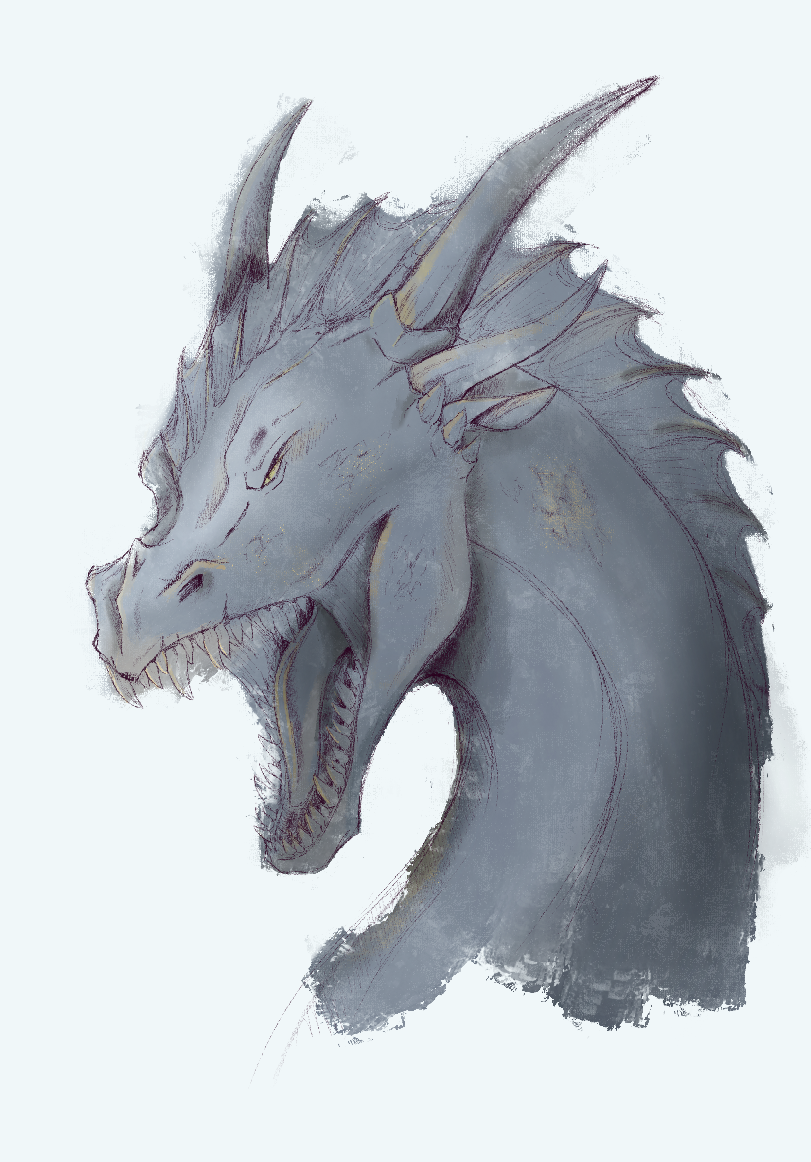 Drawing of a bust of dark blue dragon roaring