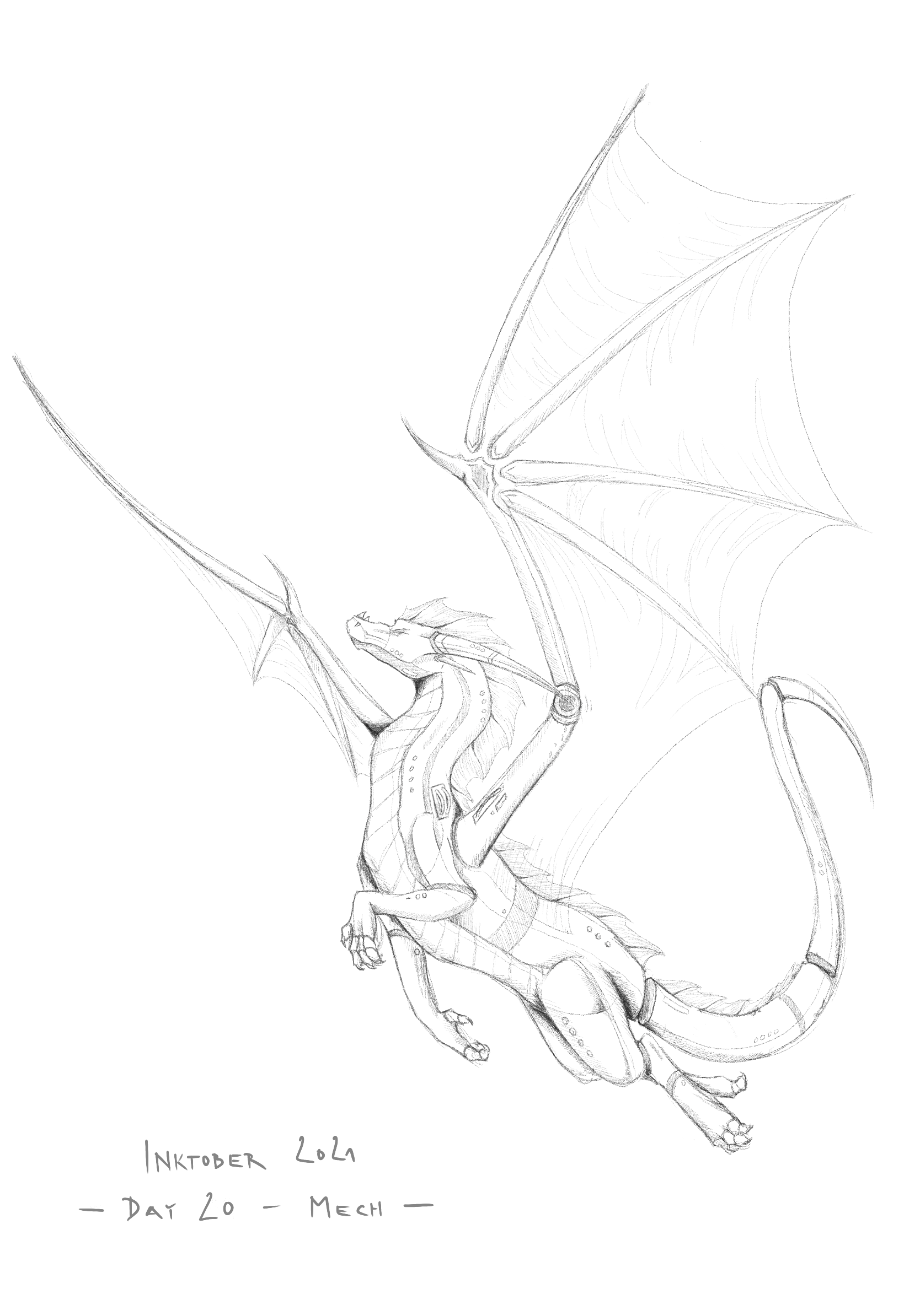 Drawing of a flying mechanical dragon