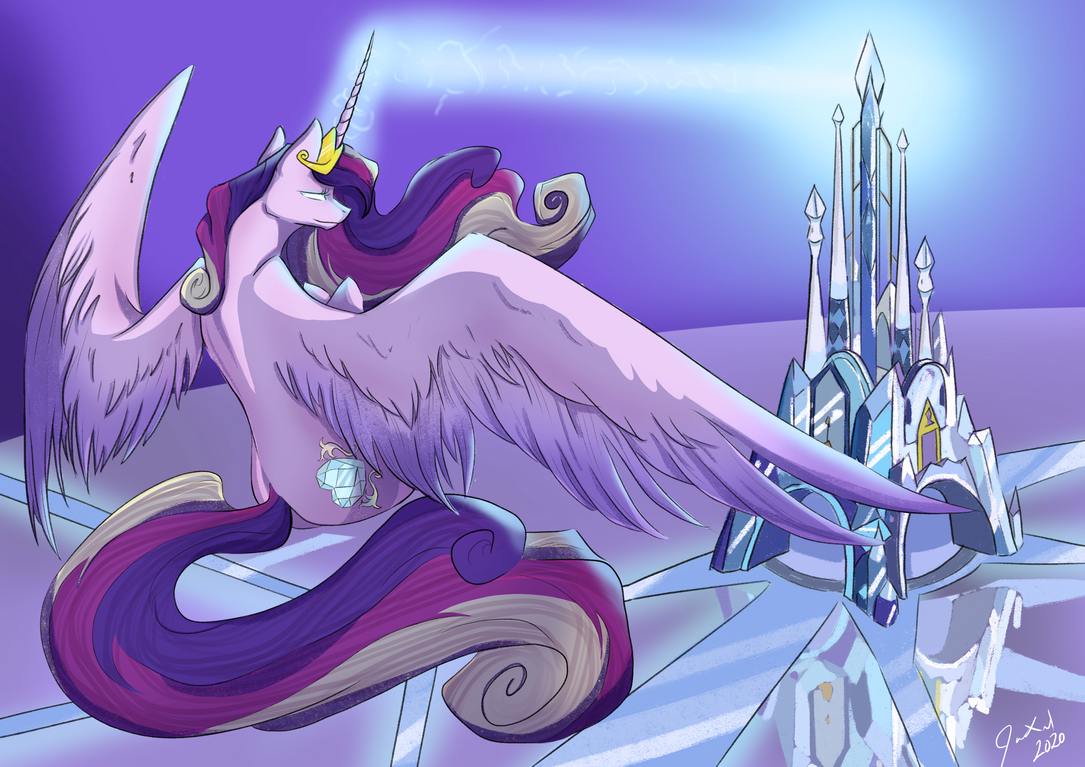 Drawing of a Pony called Cadence, flying and harnessing energy from castle in the background