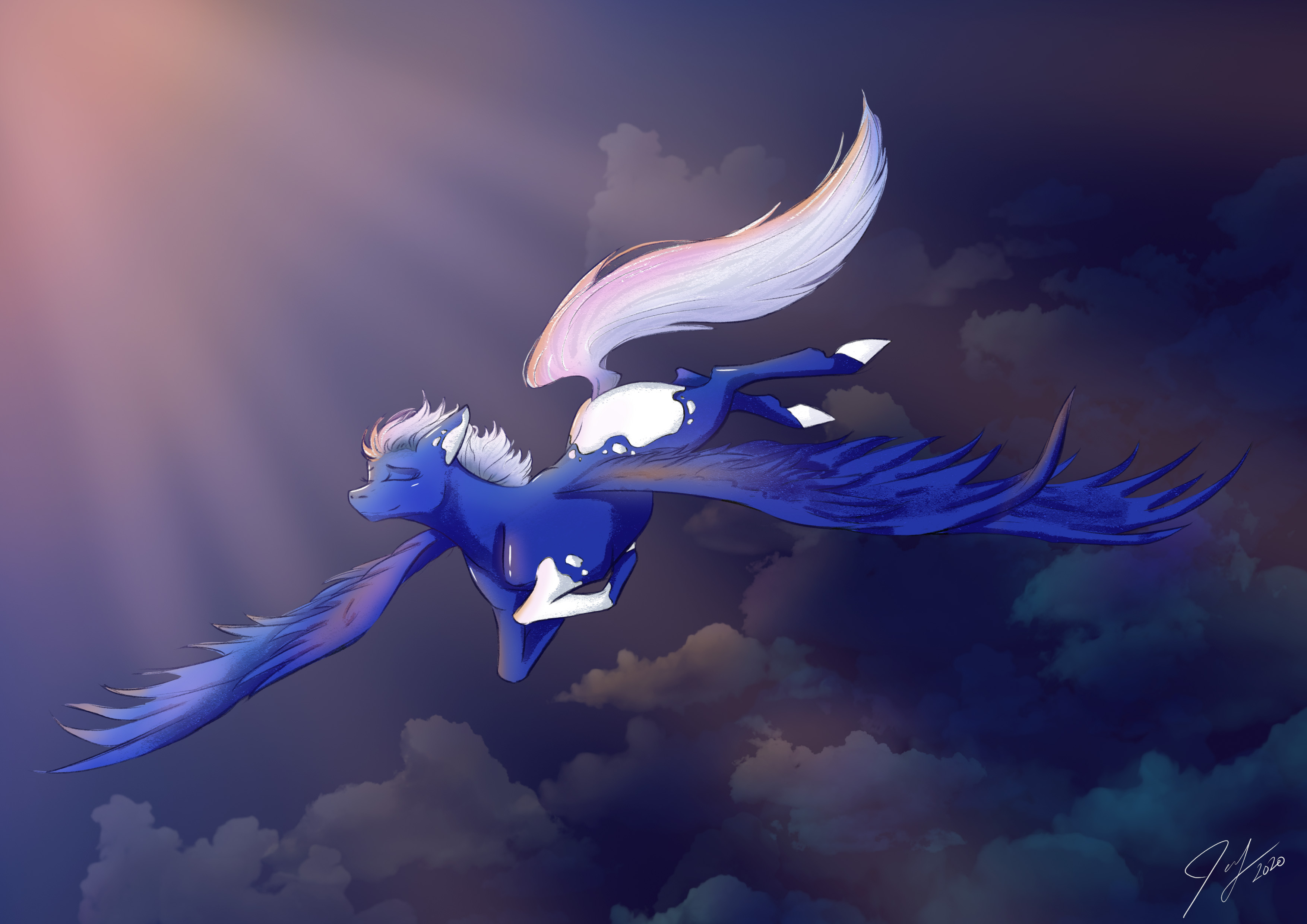 Drawing of a dark blue pony flying through the sky