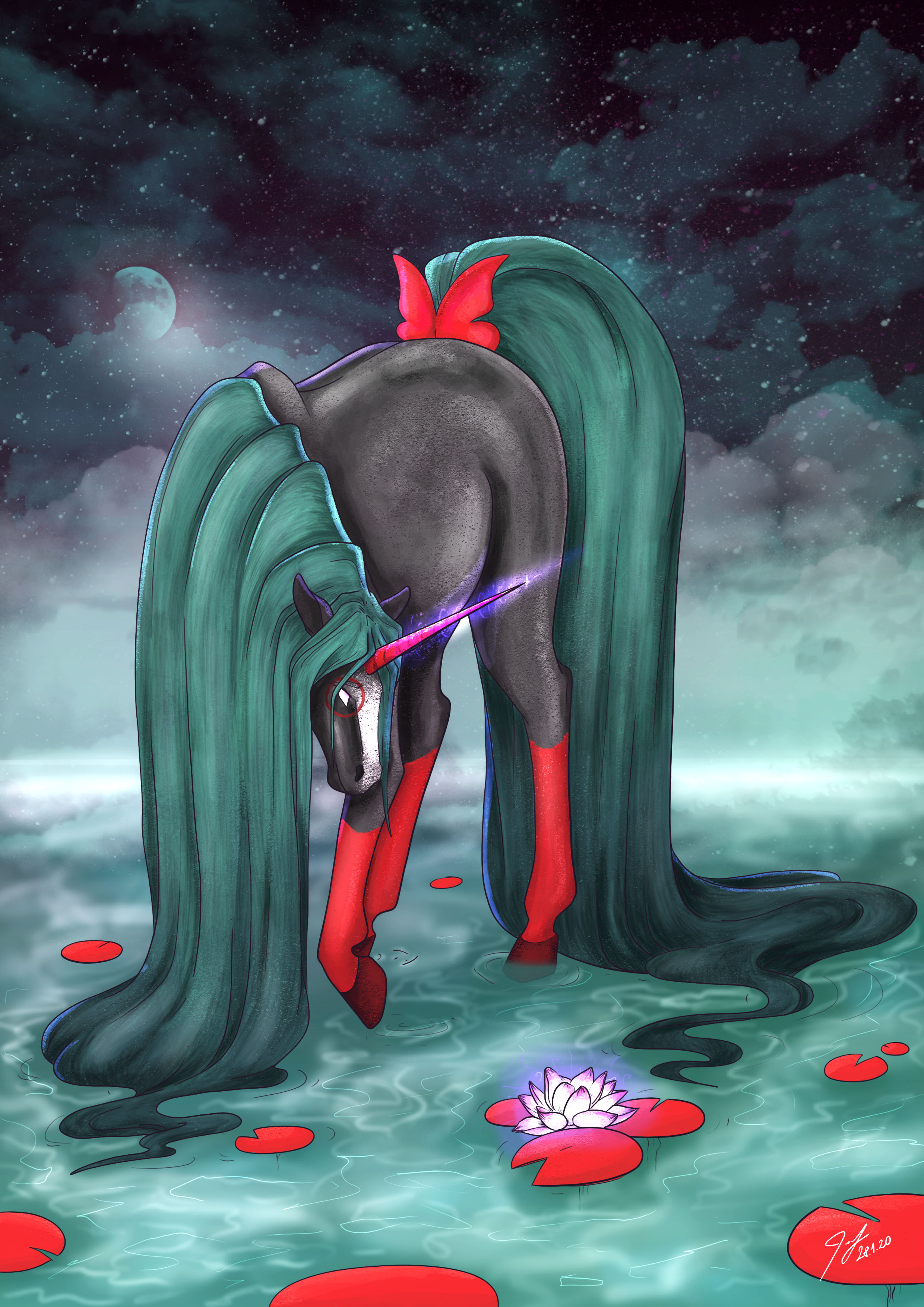 Drawing of an unicorn enchanting a flower